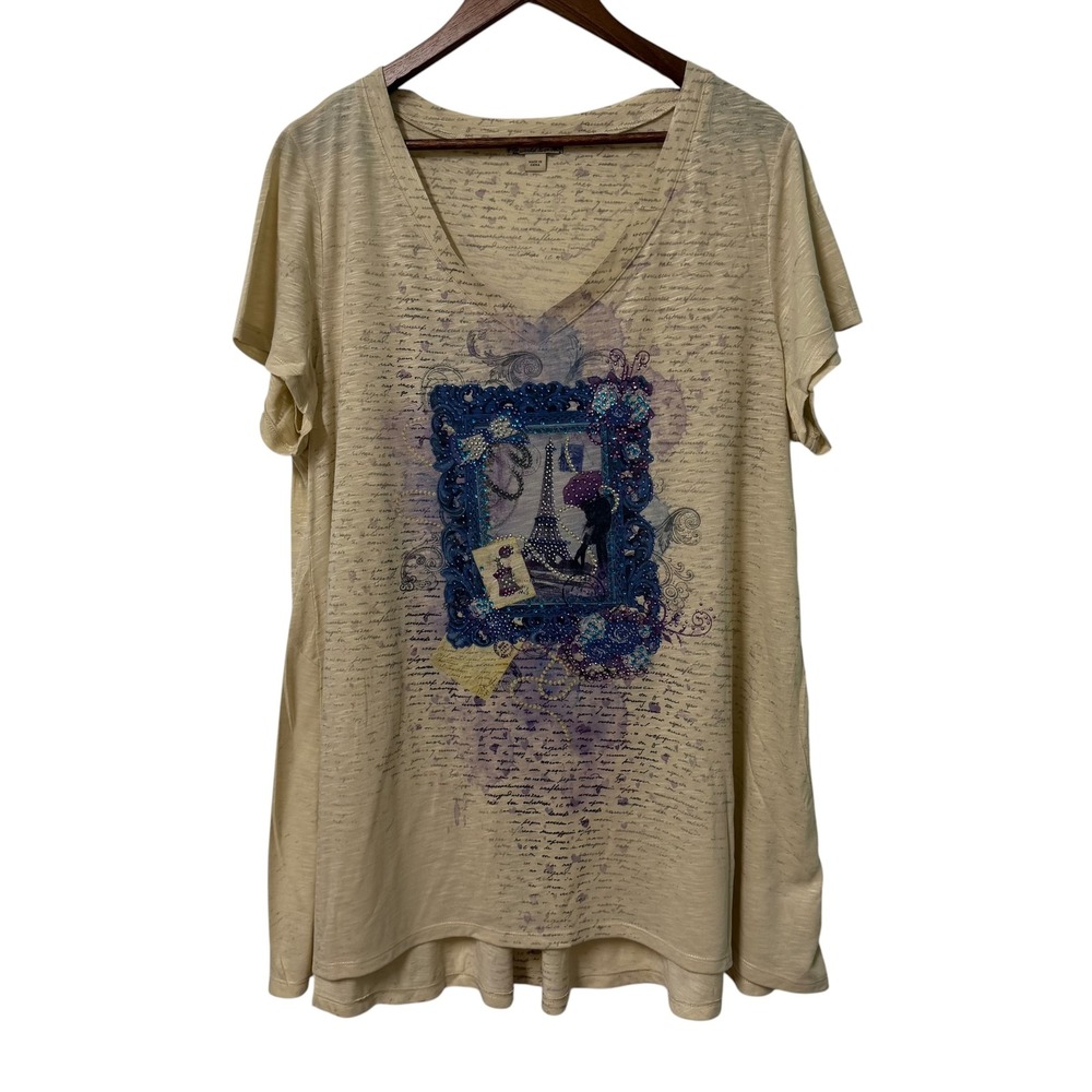 Energe World Wear Tunic Top Women 2X Paris Eiffel Tower Rhinestone AOP Graphic